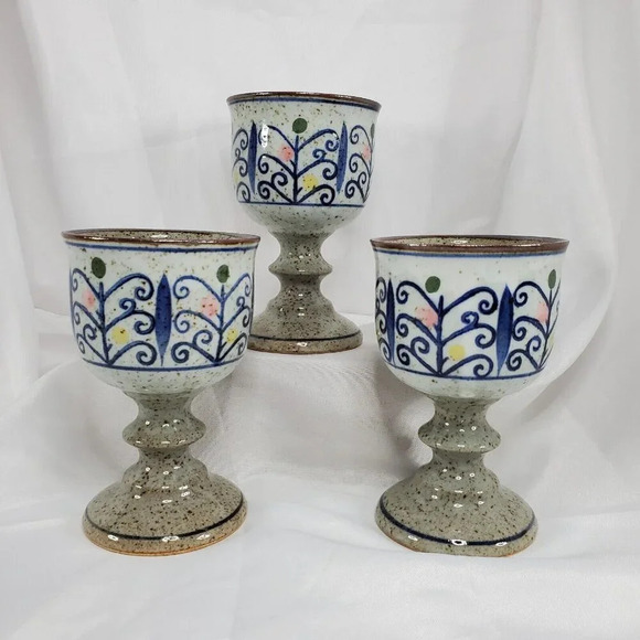 VTG Otagiri Stoneware Pottery Chalice Pedestal Goblet MCM Wine 3 Goblets - Picture 1 of 10